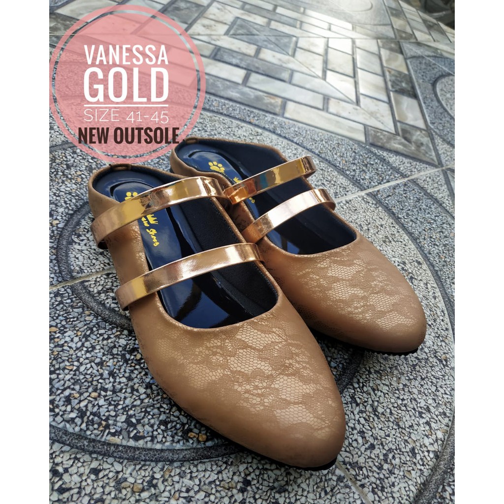  SANDAL  PESTA WANITA  VANESSA FLAT GOLD BIG SIZE 41 42 43 44 