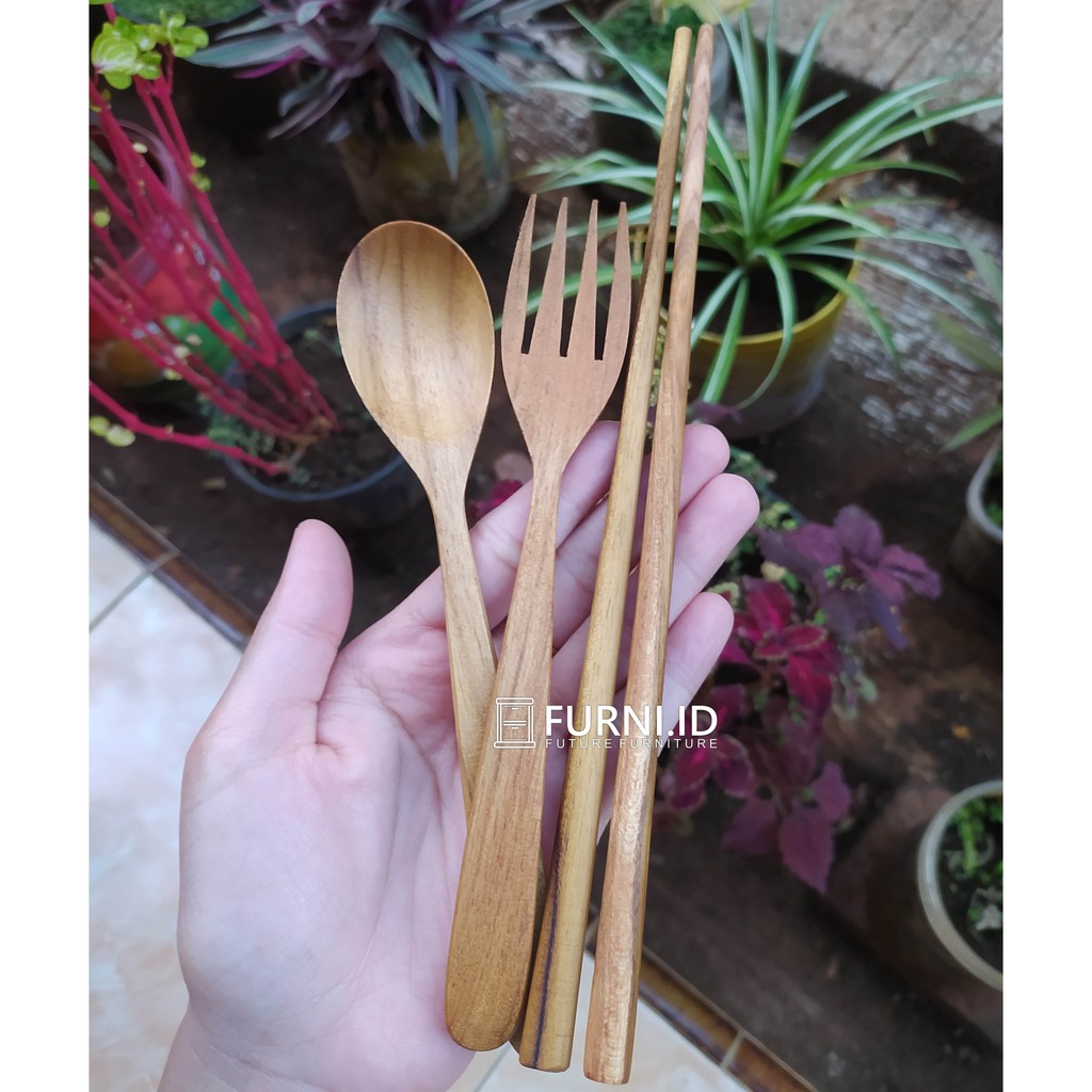 Set Sendok, Garpu dan Sumpit Bulat Bahan Kayu Jati TPK Berkualitas | Produk Alat Makan Ramah Lingkun