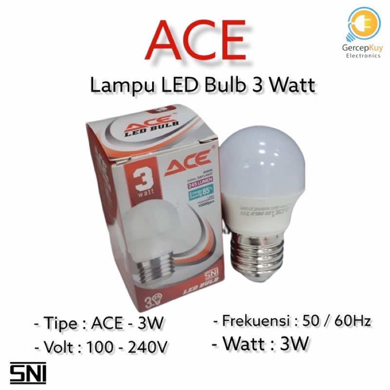 Lampu LED Bulb ACE Putih 3W / 3Watt Putih Garansi E27