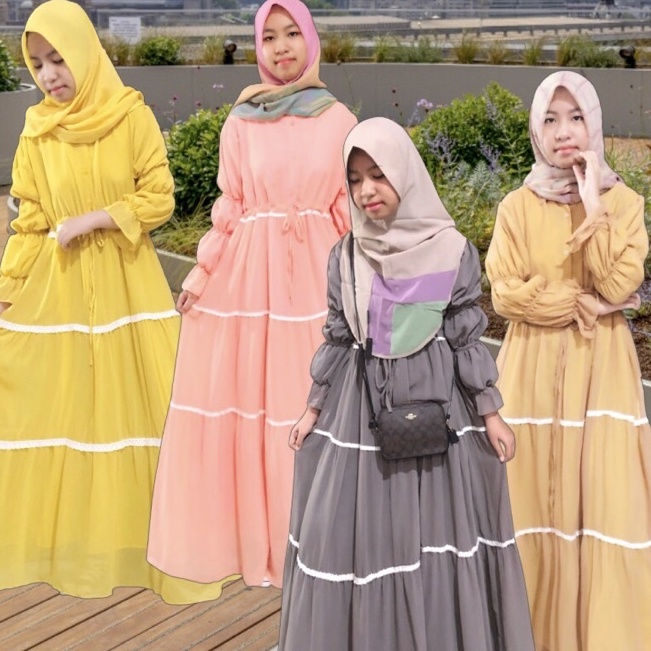 Gamis Ceruty Babydoll Premium Susun Ruffle Polos Full Furing Katun Super Adem