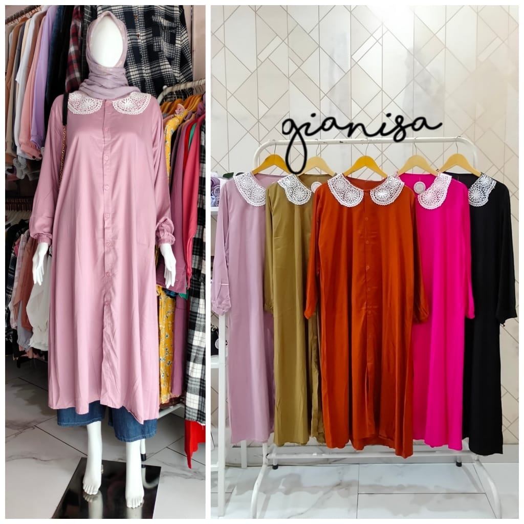 GIANISA | RILA MIDI DRESS / BAHAN RAYON / DRESS POLOS / KERAH RENDA / BUSUI FRIENDLY / WUDHU FRIENDL