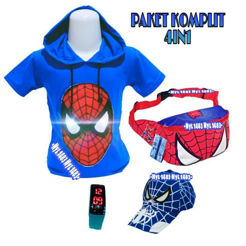 Baju anak led hoodie spiderman gratis tas selempang jam topi bordir - baju anak