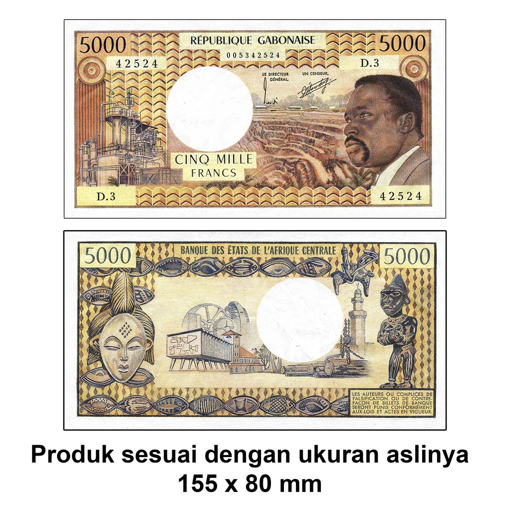 Uang Kuno Lama Gabon 5000 Francs Souvenir replika repro Tahun 1974