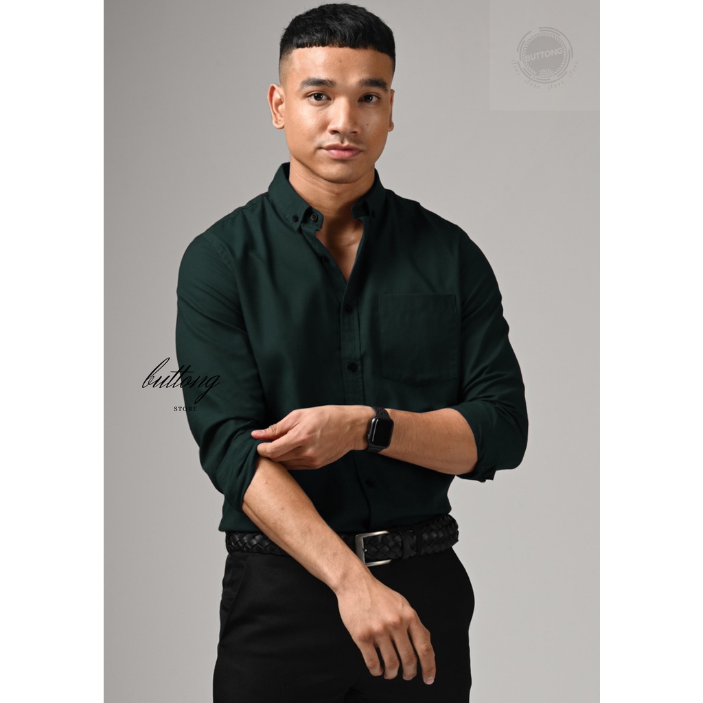 kemeja panjang linen polos  slim fit hem kasual berwarna hijau botol kemeja kekinia berukuran