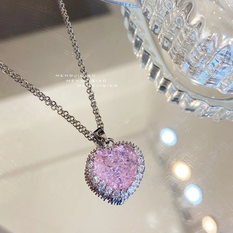 Kalung Rantai Dengan Liontin Bunga Es Batu Zircon Warna Pink Untuk Wanita