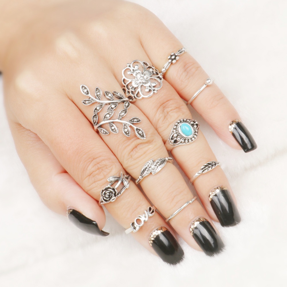 Hu Hu Hu Hu Hu Alat Bantu Pasang Kacamata♡ 10pcs Cincin Wanita Desain Ukiran Mawar Hias Turquoise Imitasi Gaya Retro Untuk Hadiah