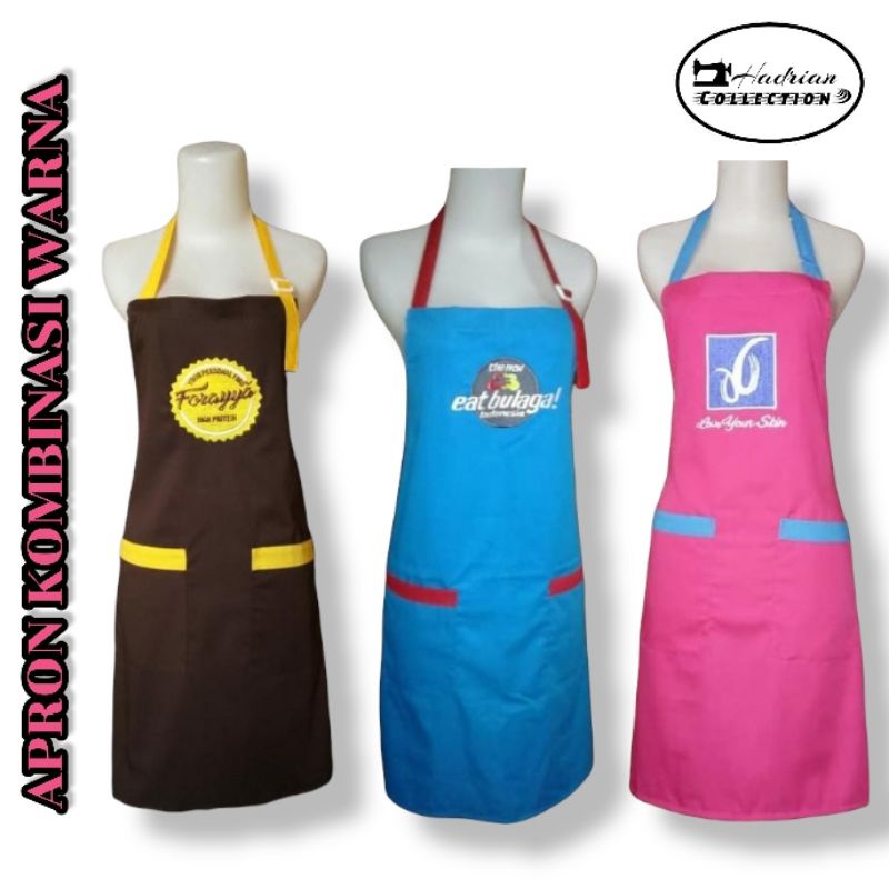 Celemek apron kombinasi warna Custom Bordir logo dan polos Celemek masak Celemek dapur  Celemek grosir murah.