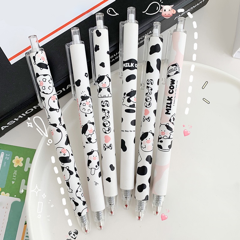 6pcs Pulpen Gel 0.5mm Motif Kartun Sapi Tinta Hitam