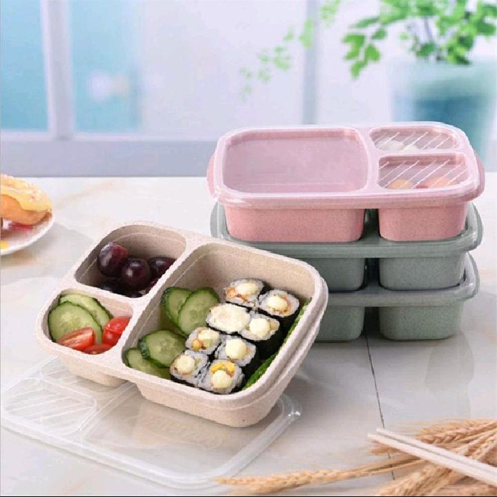 Kotak Makan Lunch Box Tempat makan Sekat 3 Tempat Bekal Bento Wadah Bekal Bento Box Warna Menarik Bahan Plastik