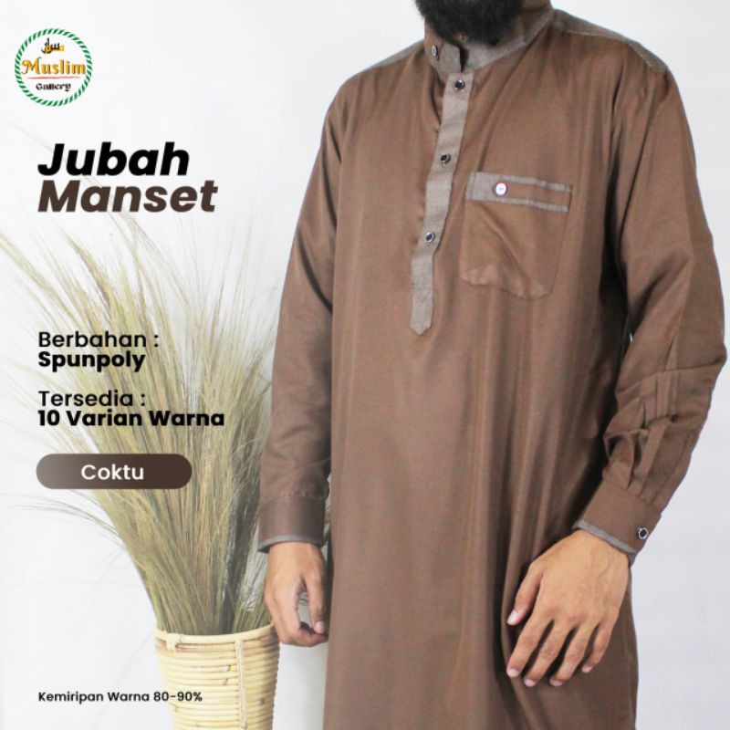 Baju Jubah Gamis Pria Lengan Panjang Model Saudi Bahan Katun Dengan Manset di Lengan-Cokelat Tua