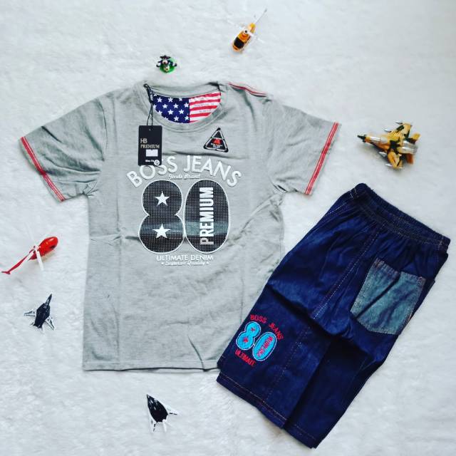 Stelan Baju Murah Stok Terbaru Baju Anak Laki-laki warna abu-abu ukuran 14 Hugo Boss