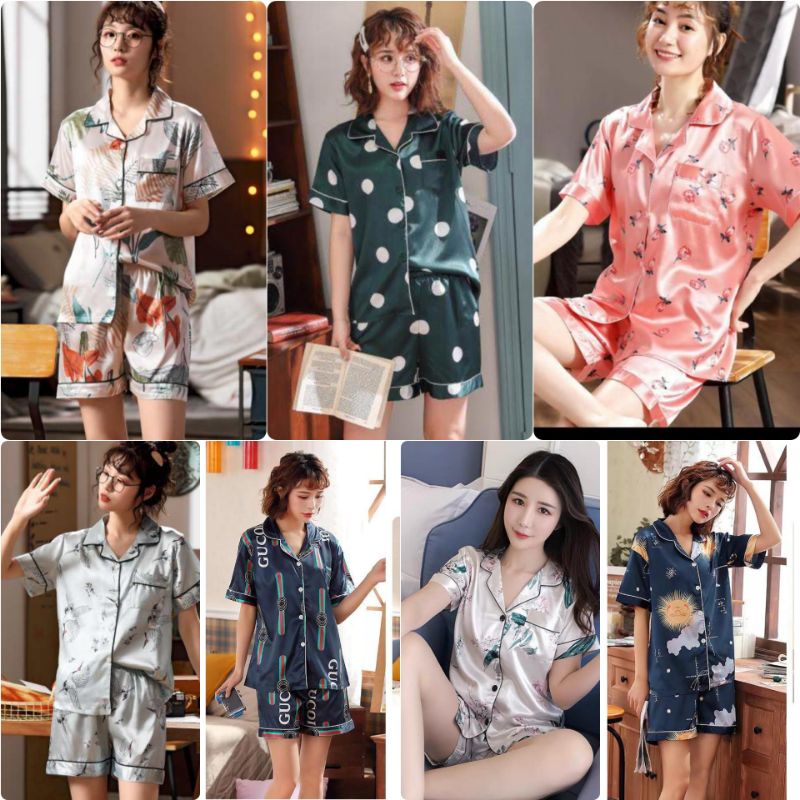 Baju tidur wanita set satin import karakter