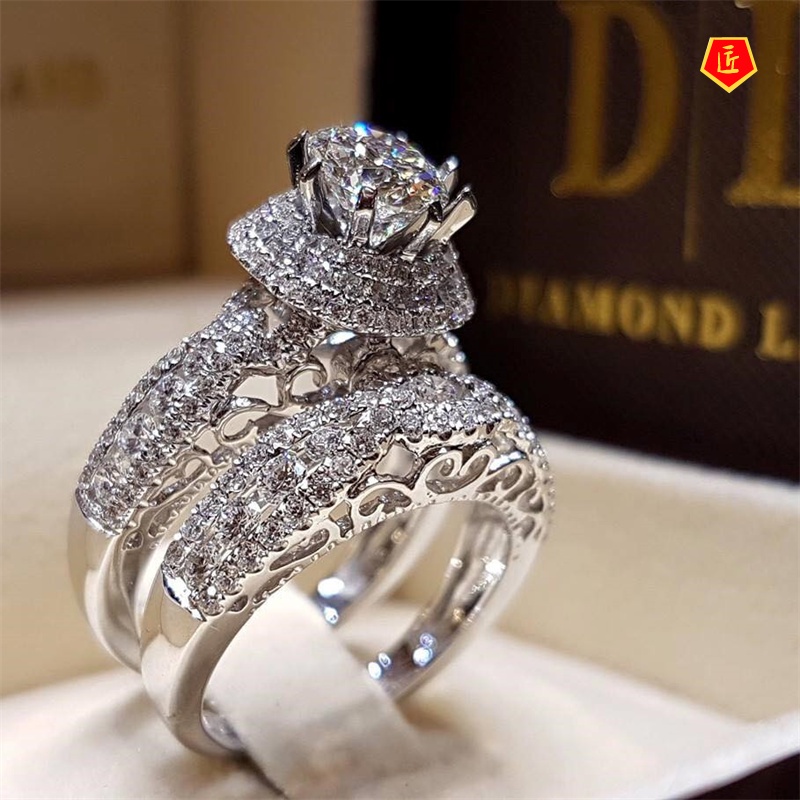 [Ready Stock]Micro-Inlaid Moissanite Double Ring Luxury and Exquisite