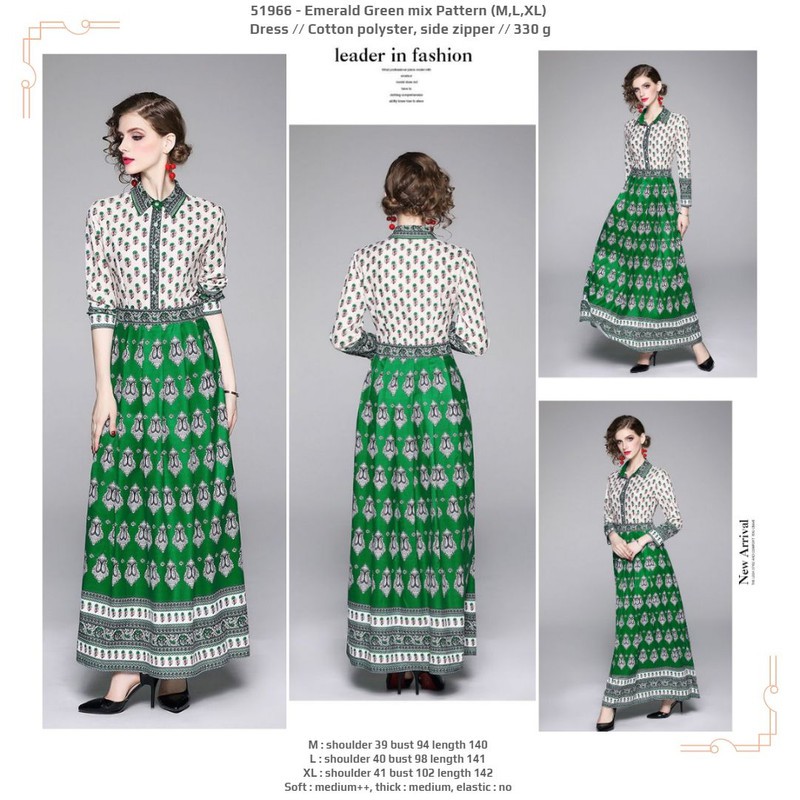 51966 Emerald Green Mix Pattern Dress / Dress Pesta Panjang Hijau