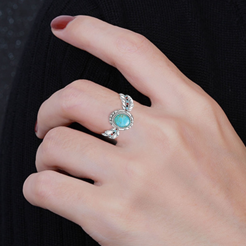 Hu Hu Hu Hu Hu Alat Bantu Pasang Kacamata♡ Cincin Desain Bulu Elang Aksen Turquoise Gaya Etnik Vintage Untuk Wanita
