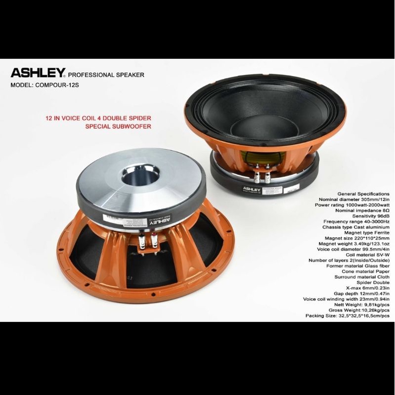 Speaker komponen ashley compour12s compour 12s 12inch subwofer original