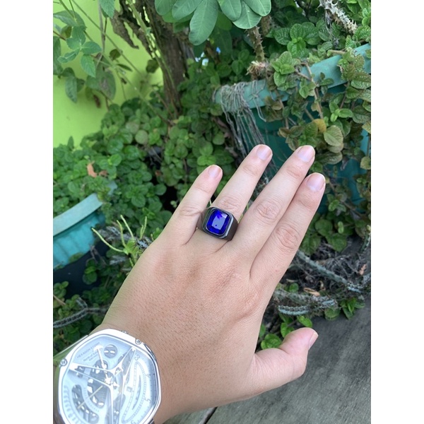 Cincin Pria Octagon Royal Blue Saphire Akik Safir Biru Ring Black Gun Titanium Stainless Steel Anti Luntur dan Karat