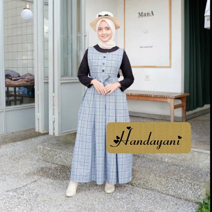 DRESS KHANZA OVERALL kotak / HANDAYANI / MOULY  ootd selebgram remaja busana wanita muslim fashion free inner OVERALL dress remaja baju muslim anak tanggung outer terbaru lebaran ecer grosir reseller dropshiper manset