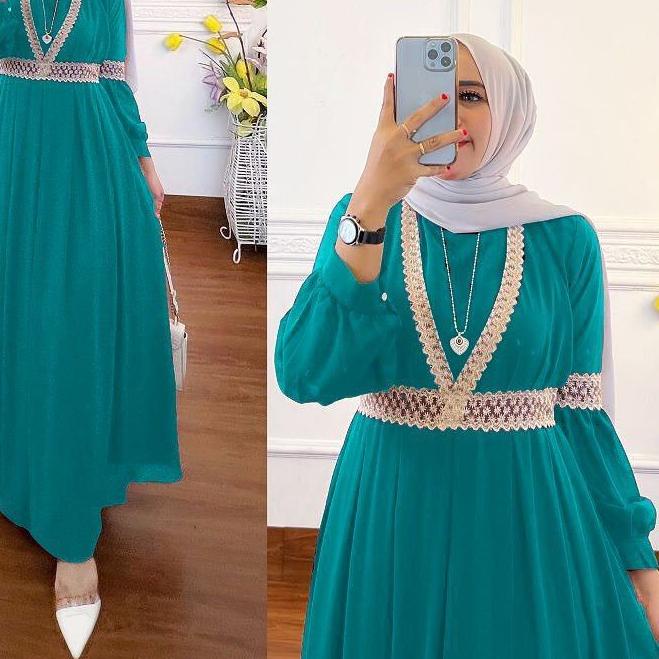 Alaliya Dress Gamis Qaisha Terbaru Lebaran 2022 Size M,L,XL,XXL Wanita Aplikasi Renda Pakaian Wanita