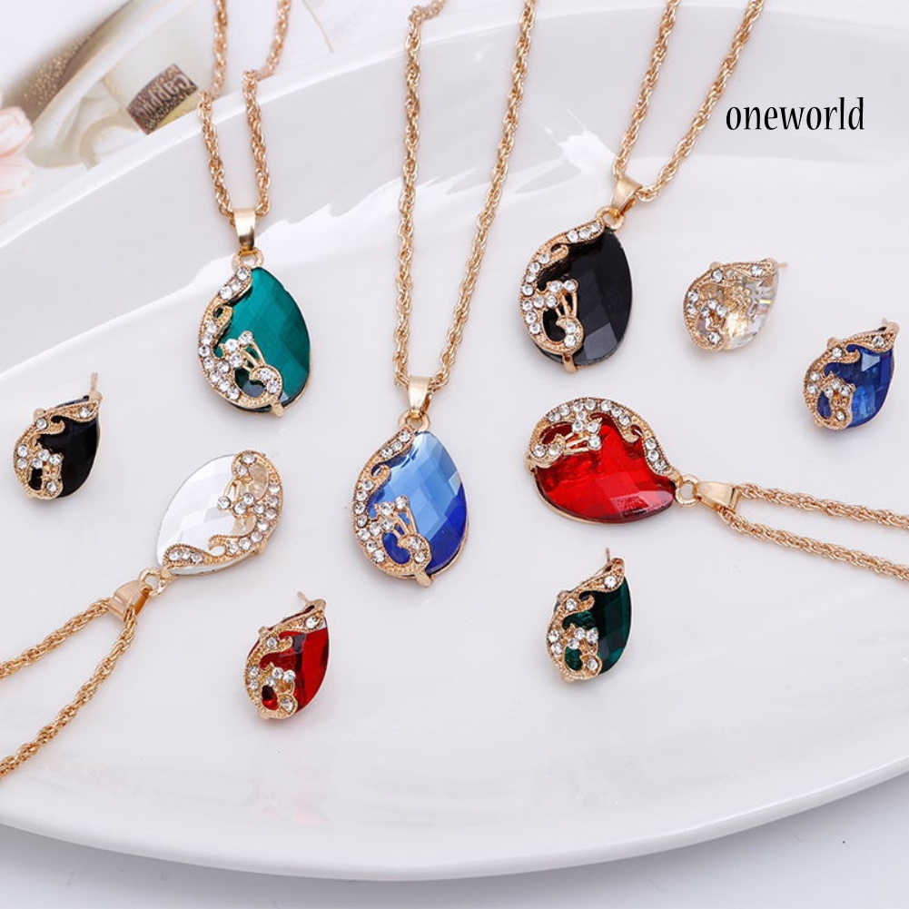 OW@ Women Jewelry Set Shiny Water-Drop Shape Rhinestone Necklace Earrings Ring Gift