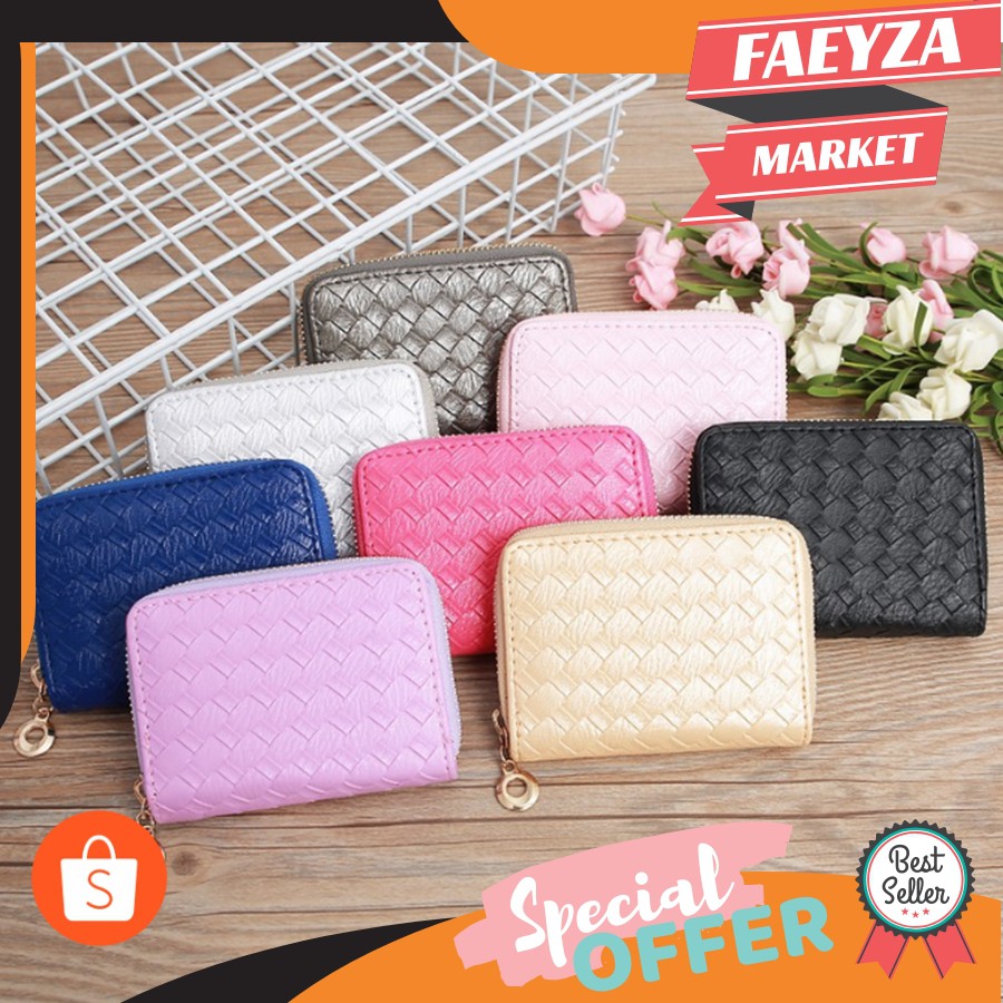 Dompet Kartu Kulit Mini Tikar / Dompet Wanita Resleting Motif Anyam / Card Holder
