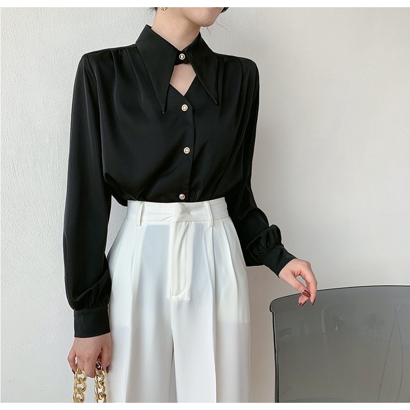 Kemeja Satine Premium Wanita Lengan Panjang Blouse Kemeja Kantor Import Polos Shirt
