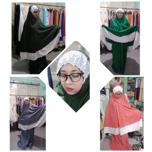 Mukena dewasa bahan katun impor kombinasi brukat putih