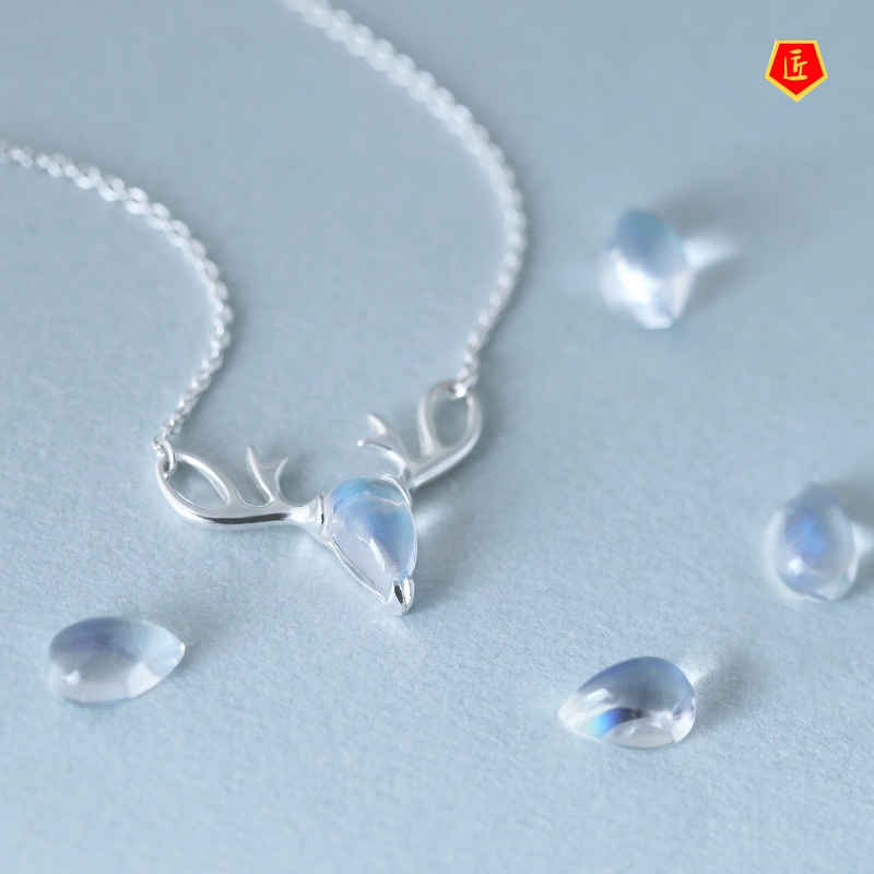 [Ready Stock]S925 Elk Necklace Women's Japanese and Korean Style Moonstone Pendant Simple Design