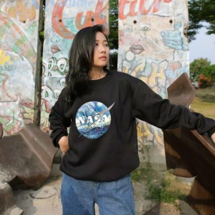 Ramaas Crewneck Cewe Nasa V1 Basic / Crewneck Wanita Terbaru / Nasa V1 - Hitam, XL mrh