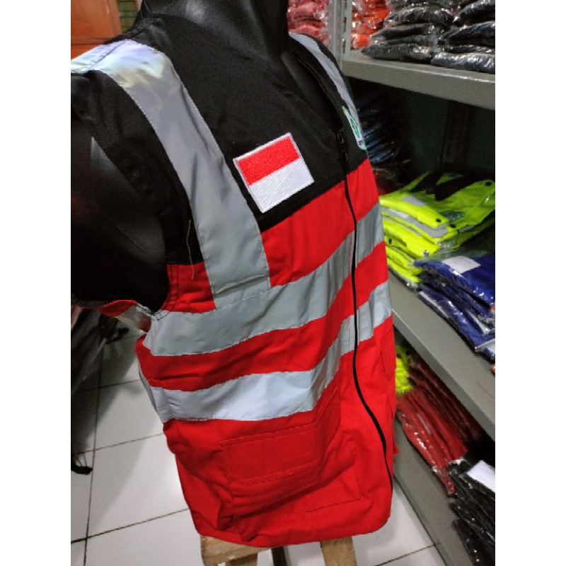 ROMPI SAFETY BAHAN DRILL DALAM PAKAI FURING MERAH HITAM BERLOGO K3