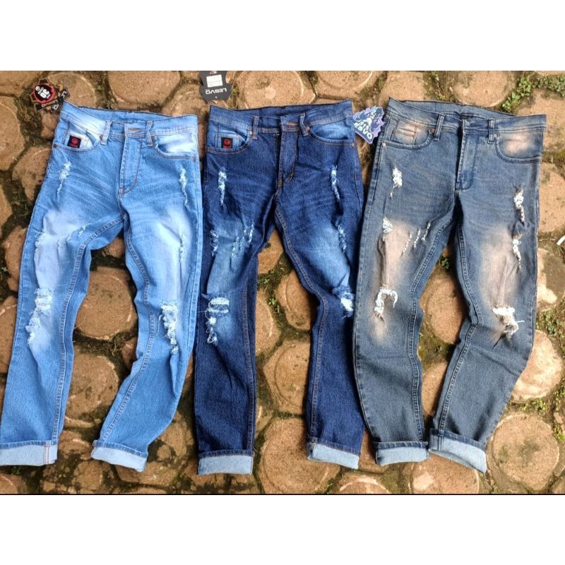 Celana Jeans Sobek Pria Slim Fit Skinny Ripped Melar Original Lesvo Denim Kualitas Distro