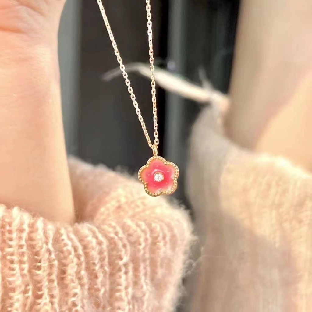 Kalung Lapis Silver Desain Peach Blossom Warna Pink Untuk Wanita