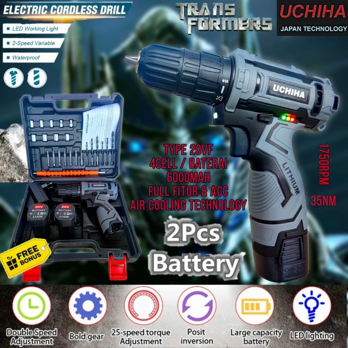 mesin bor cordless UCHIHA 18vol baterai cas charger tanpa kabel obeng