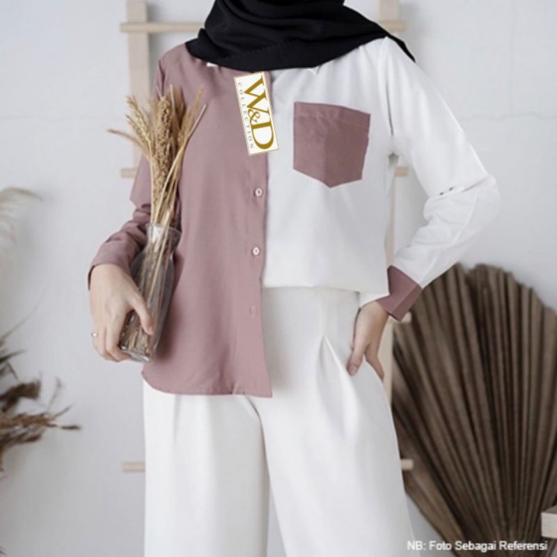 Kemeja Wanita Atasan Blouse Casual Polos Kombinasi Warna Lengan Panjang Baju Cewe Model Pinguin-7