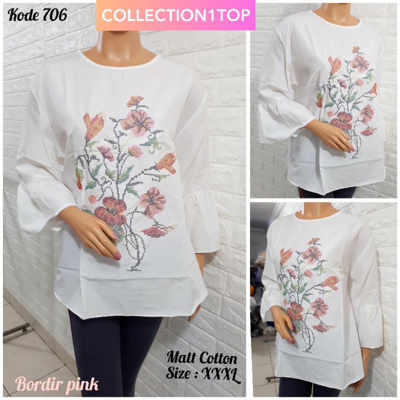 ATASAN JUMBO WANITA / BORDIR BUNGA / BLOUSE KATUN PUTIH / BIG SIZE