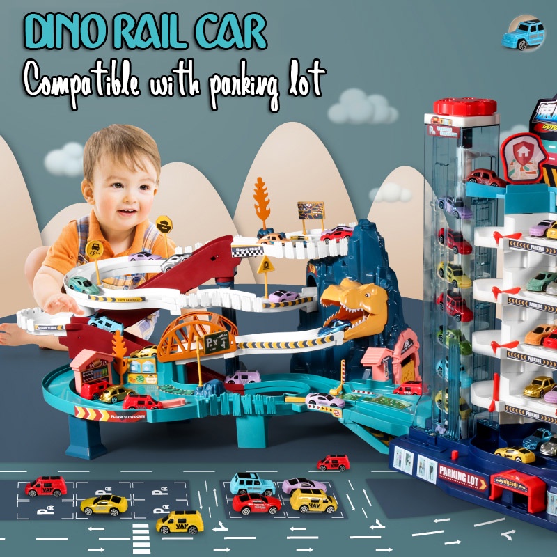 Dinosaur Rail Car Mainan Anak Mobil mobilan dino rail 4 mobil Lampu music Parking Lot Lion Mountain