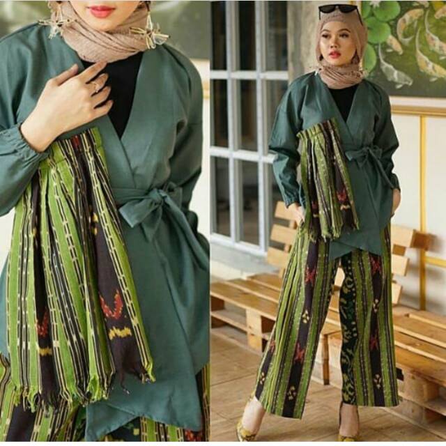 Stelan celana kulot kain tenun troso rtnic jepara hijau