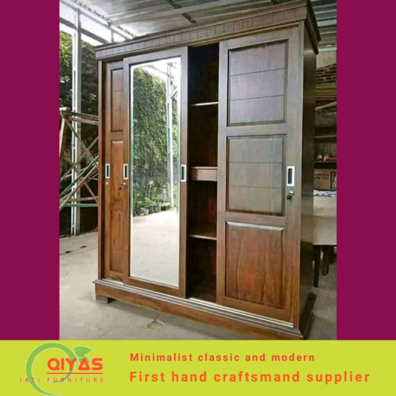 Lemari baju pakaian minimalis 3 pintu geser sliding sleding door kayu jati