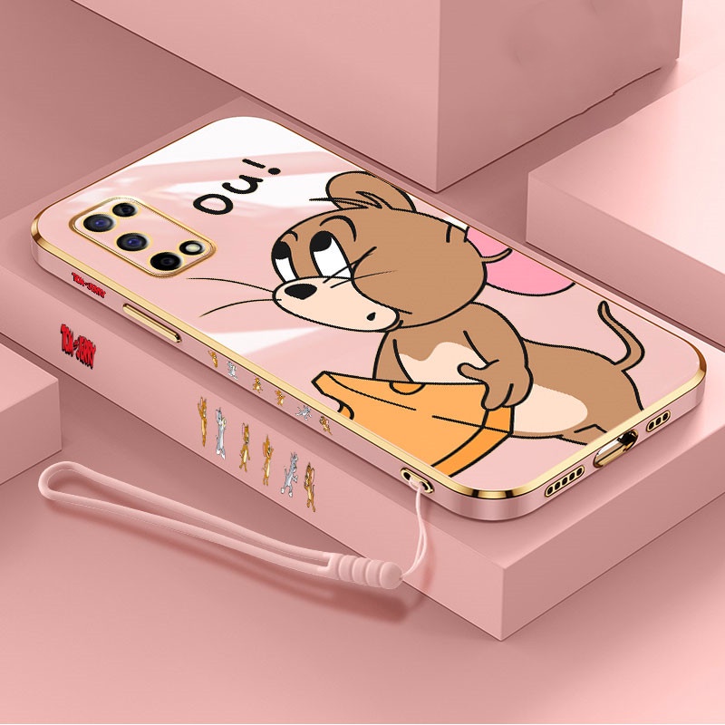 Cartoon plating Soft Lanyard Phone Case For OPPO A53 A31 A5 A9 2020 A15S A92 A54 A5S A12 A15 A52 A11K Tom&amp;Jerry Luxury Cartoon Soft Electroplate Lanyard cover couple