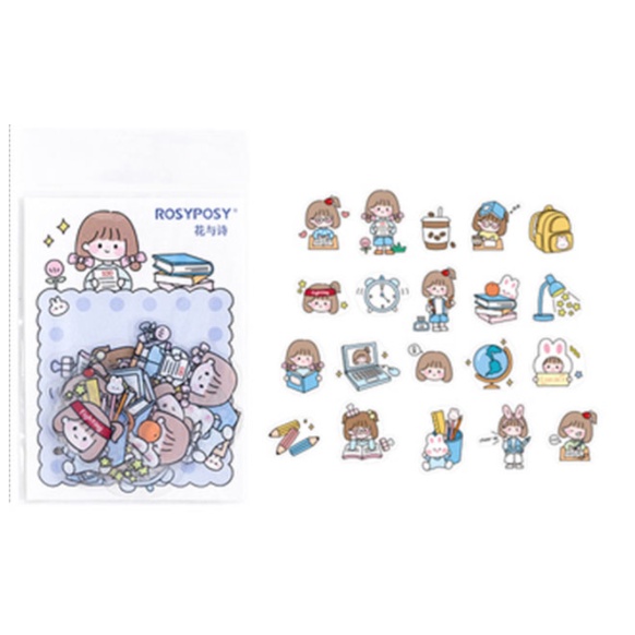 40pcs Stiker Desain Kartun Rosyposy PVC Japanese Style-Girl Blue
