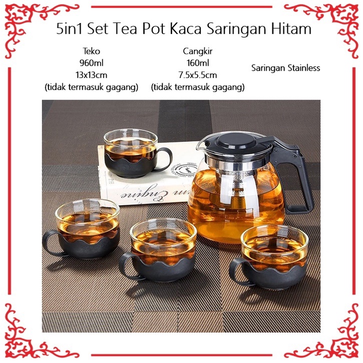5in1 Set Tea Pot Kaca Saringan Hitam