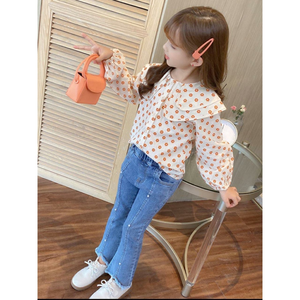 Setelan Jeans Krah Susun Bunga 6M - 3Y Setelan Blouse Katun Celana Jeans Anak Perempuan Fashion Import High Quality CBKS