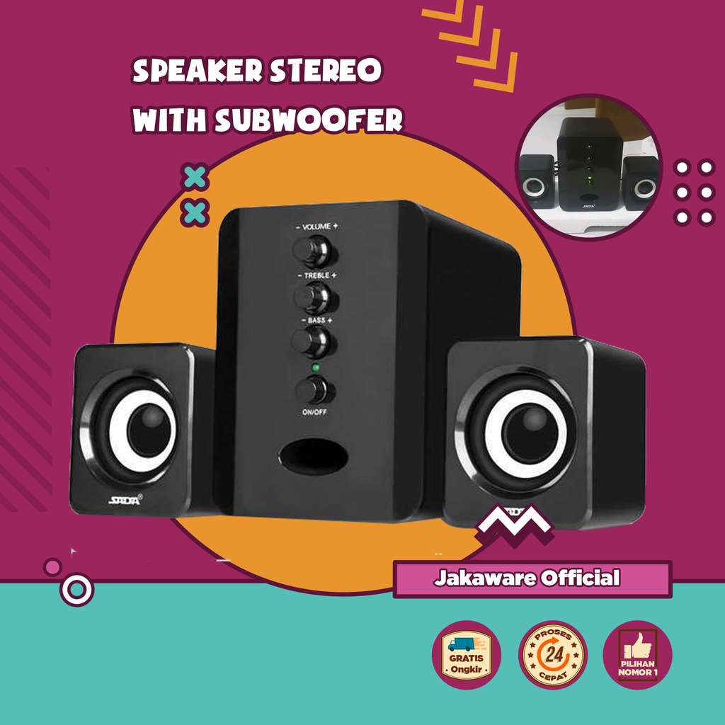 SPEAKER STEREO 2.1 SUBWOOFER USB POWER BASS TREBLE BAS HP SMARTPHONE PORTABLE PORTABEL SPEKER SPIKER