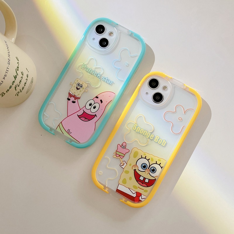 2 in 1 Case Pelindung Tahan Jatuh Motif SpongeBob Dengan Stand Untuk iPhone 11 12 13 Pro MAX X XR XS MAX 7 8 Plus