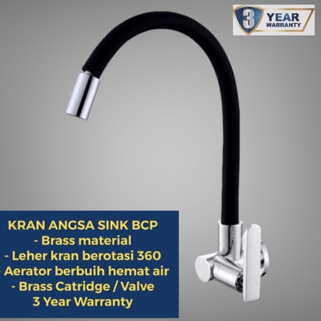 Kran Dapur Air Dingin Flexible Tembok / Keran Sink Fleksible Angsa Bcp Black Hitam