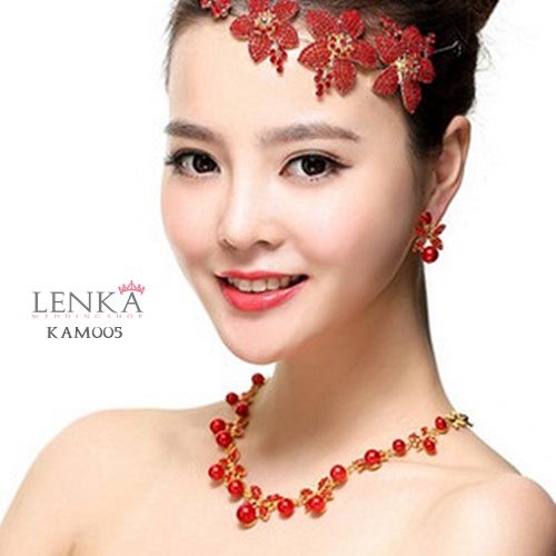 [PRODUK TERLARIS] KALUNG ANTING MUTIARA MERAH AKSESORIS PESTA WEDDING WANITA KAM005