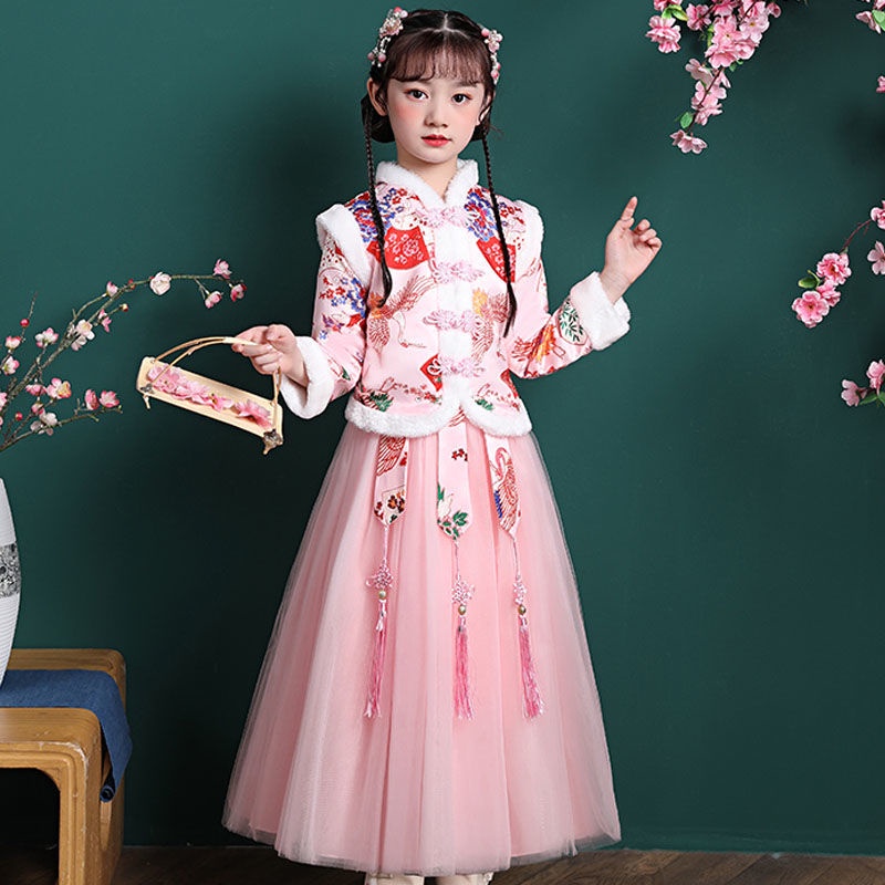 2021 new girls' cheongsam skirt autumn and winter Tang new year's clothes Plush thickened Chinese st