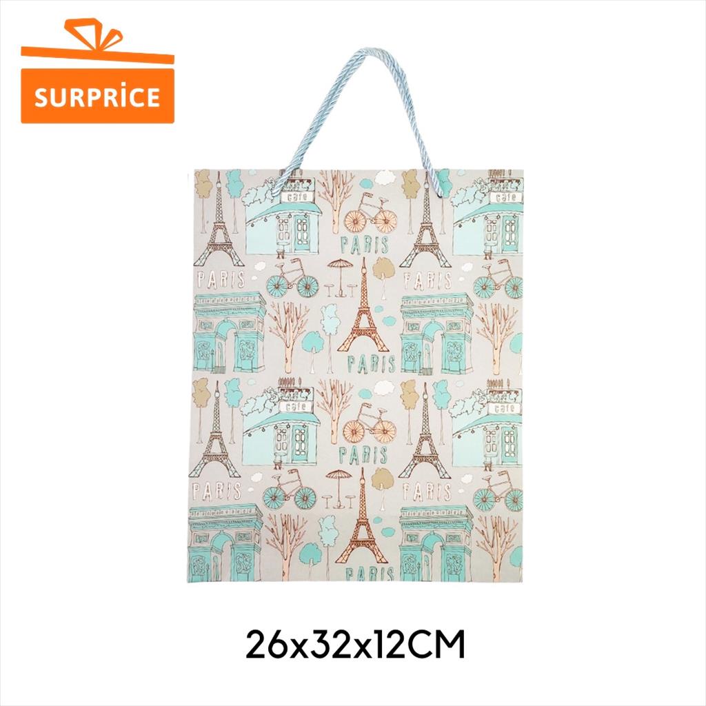 Surprice Tas Kado Tenteng 26x32x12cm /  Kantong Hadiah / Goodie Bag Ulang Tahun / Paper Bag Tas Hampers / Gift Bag-Paris Abu