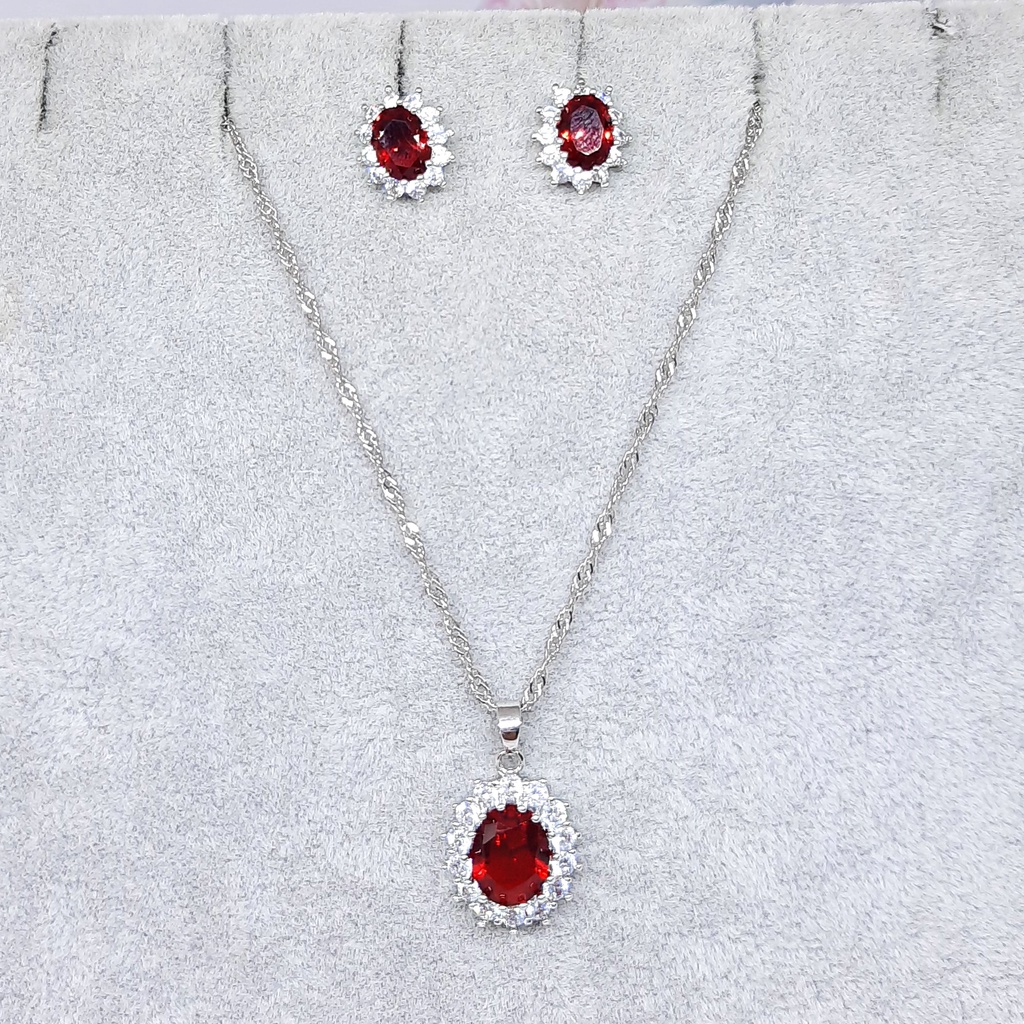 Set Perhiasan Pesta Kalung Anting Batu Merah Oval Elegan BR030A