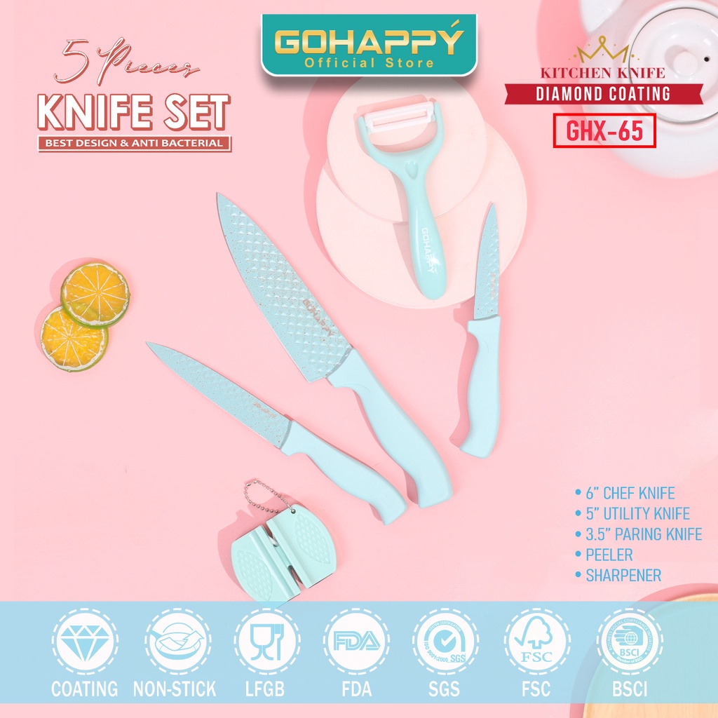 PISAU SET 5 PC DIAMOND GOHAPPY PINK OR TOSCA Pisau Tajam knife set 5 IN 1 anti bacterial (GHX65)